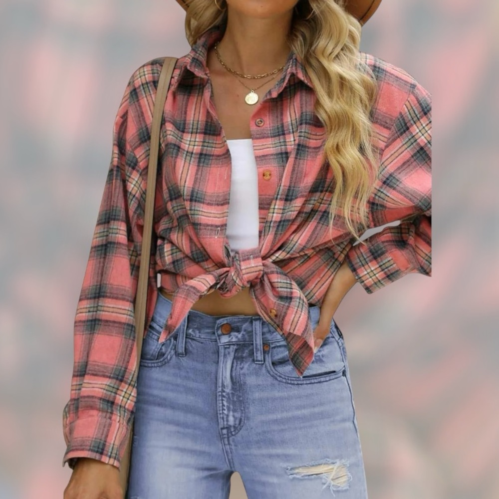 Pink Plaid Flannel Shirt | Oversized Button Down | Cozy Fall Shacket Style - Picture 2 of 4